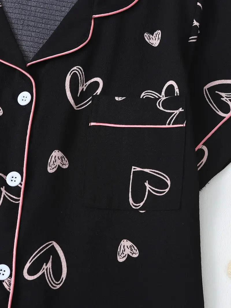 Conjunto Casual de Pijama con Estampado de Corazones Negros – Top sin Mangas y Pantalones Cortos para Mujer