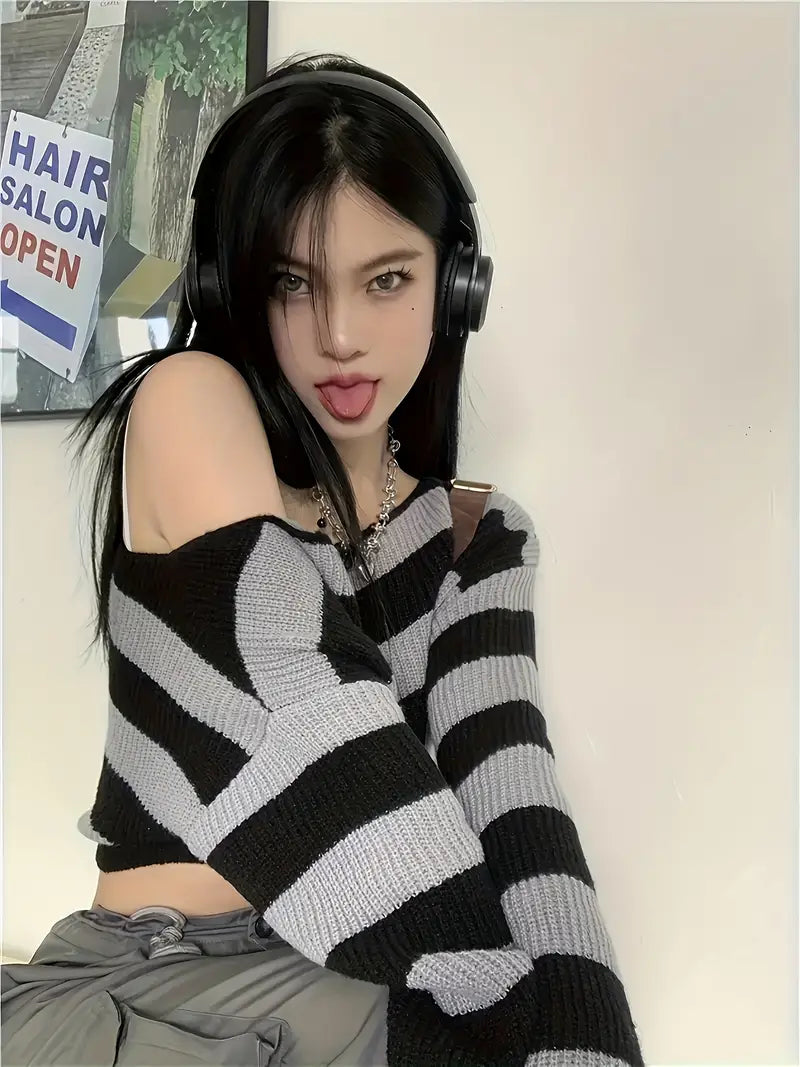 Suéter Tejido Y2K con Bloques de Color – Estilo Juvenil y Moderno