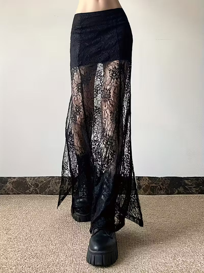 Falda Larga Semitransparente con Encaje – Cintura Alta y Corte Elegante para Mujer