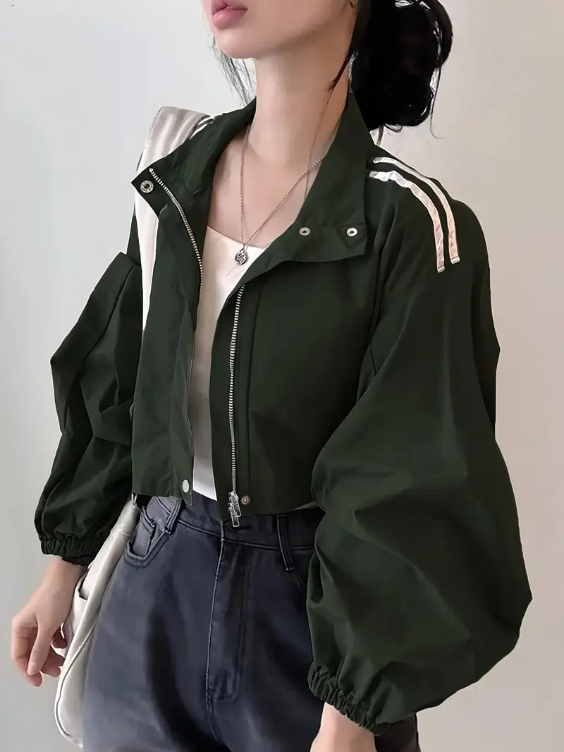 Chaqueta Casual de Mujer con Cuello Alto y Mangas Farol – Estilo Coreano Japonés