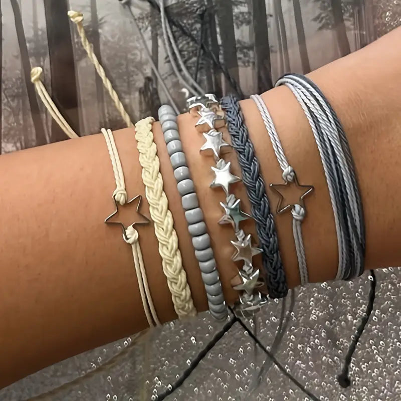 Set de 7 Pulseras Trenzadas Bohemias Vintage — Estilo Libre y Elegante para Toda Ocasión