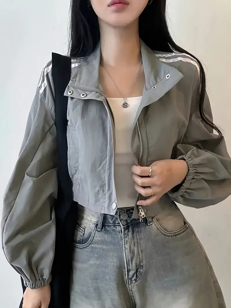 Chaqueta Casual de Mujer con Cuello Alto y Mangas Farol – Estilo Coreano Japonés