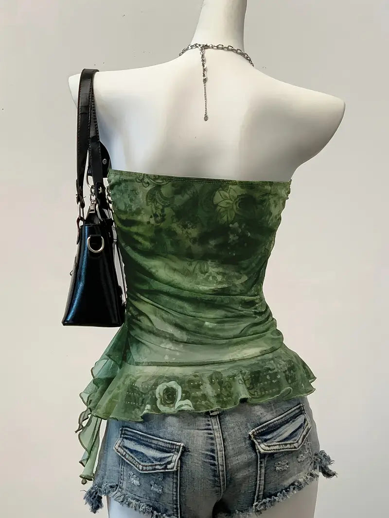 Top de Hombros Descubiertos con Estampado Tropical – Estilo Sexy y Ligero para Mujer