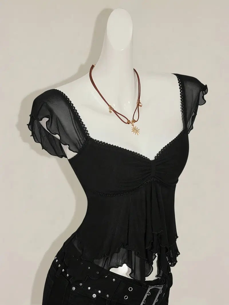 Top de Tirantes con Plisados y Paneles Transparentes – Estilo Y2K para Mujer