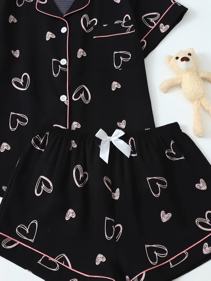 Conjunto Casual de Pijama con Estampado de Corazones Negros – Top sin Mangas y Pantalones Cortos para Mujer