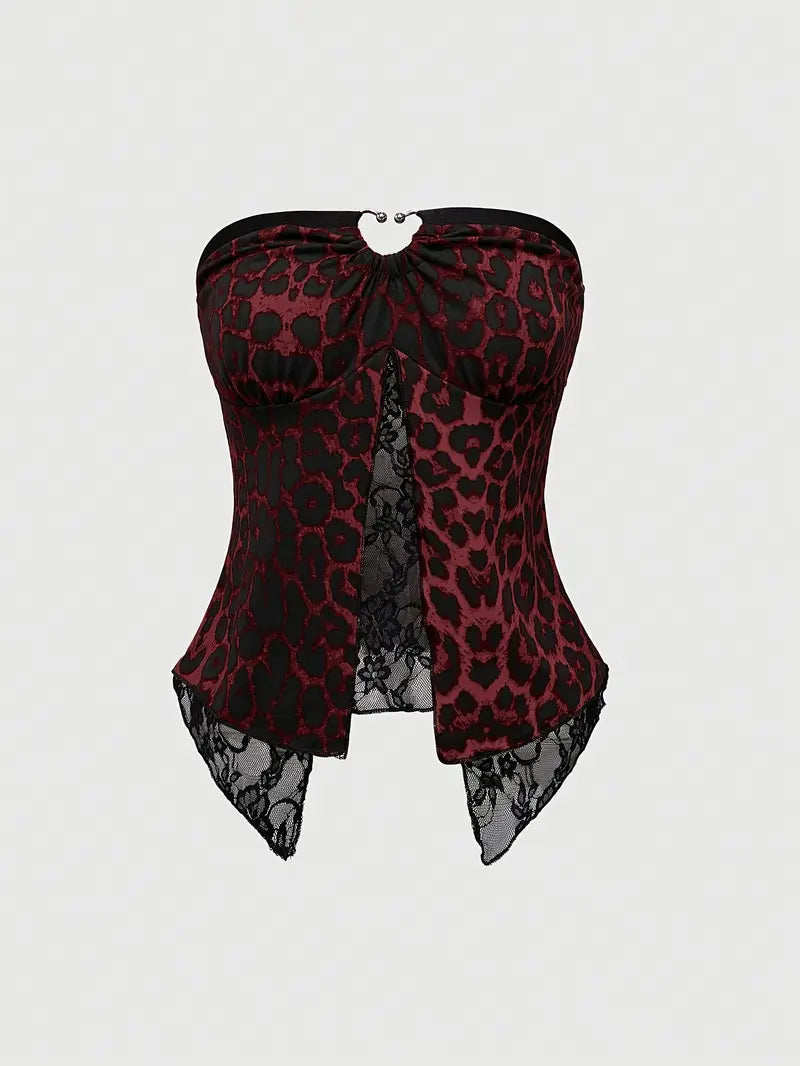 Top Bandeau Y2K Punk con Encaje y Estampado de Leopardo