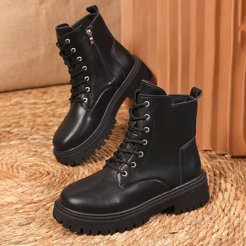 Botas combat de Plataforma con Cordones – Botas Cortas de Cuero Sintético para Mujer
