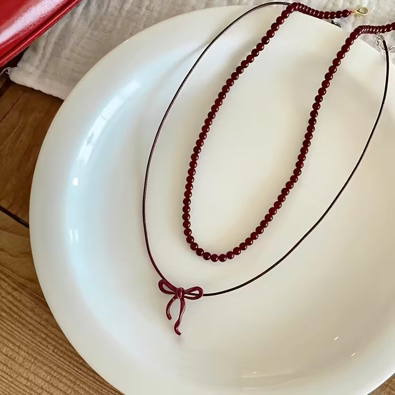 Collar Doble de Cuentas Rojas Estilo Vintage – Dúo Romántico Bohemio