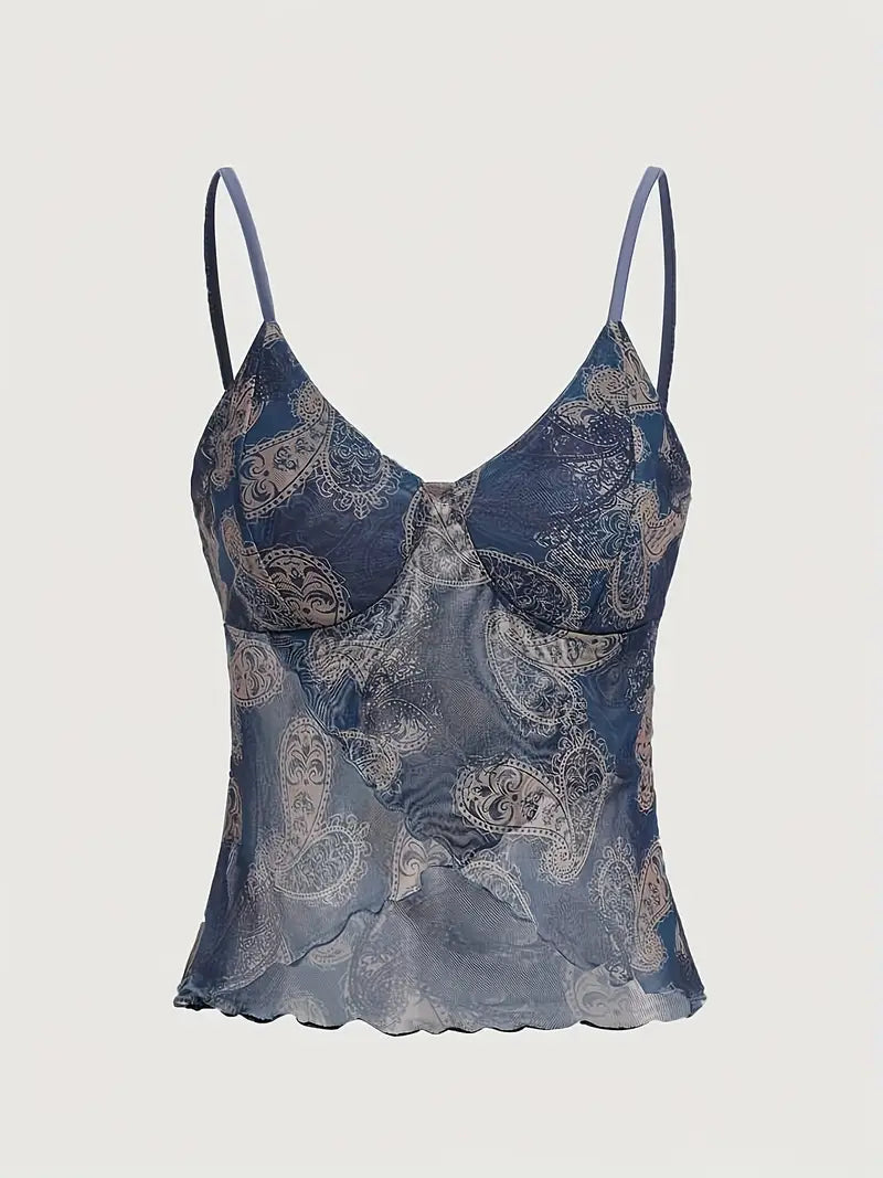 Top Sin Mangas con Cuello en V y Estampado Vintage Francés Y2K para Mujer