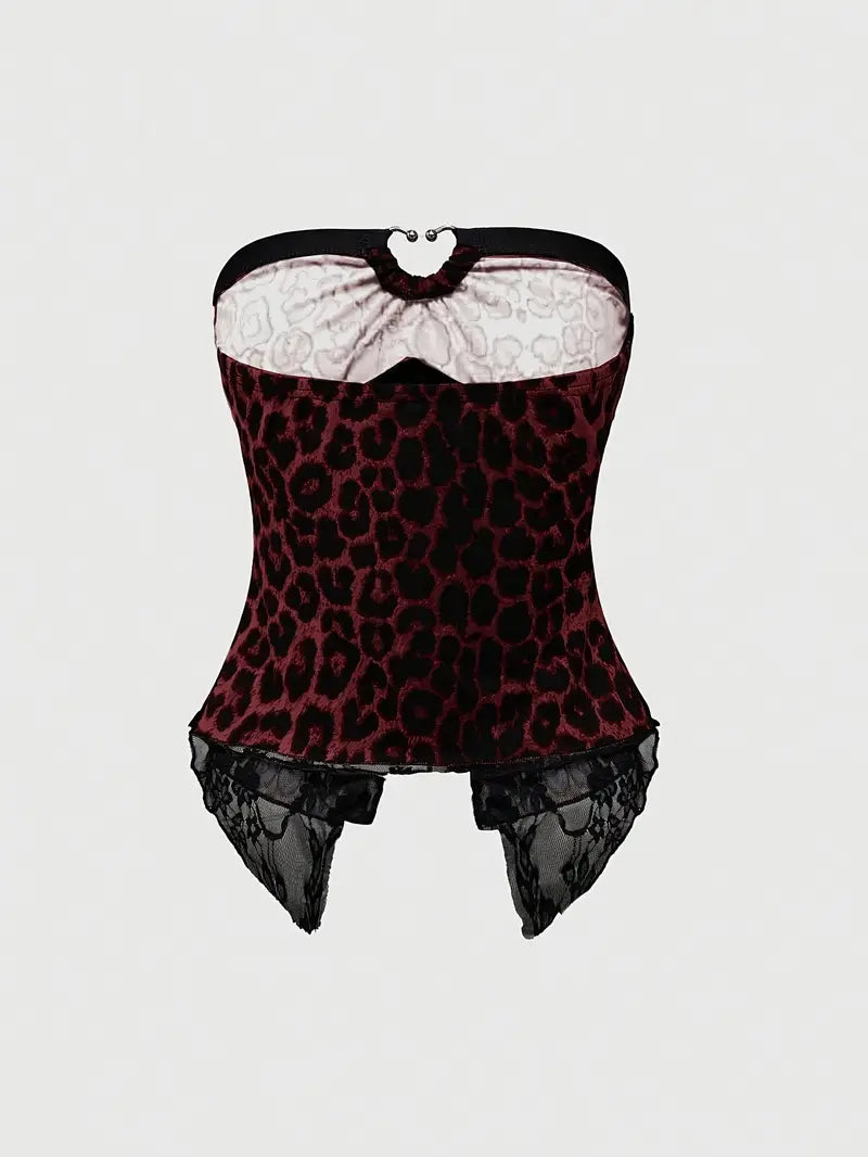 Top Bandeau Y2K Punk con Encaje y Estampado de Leopardo
