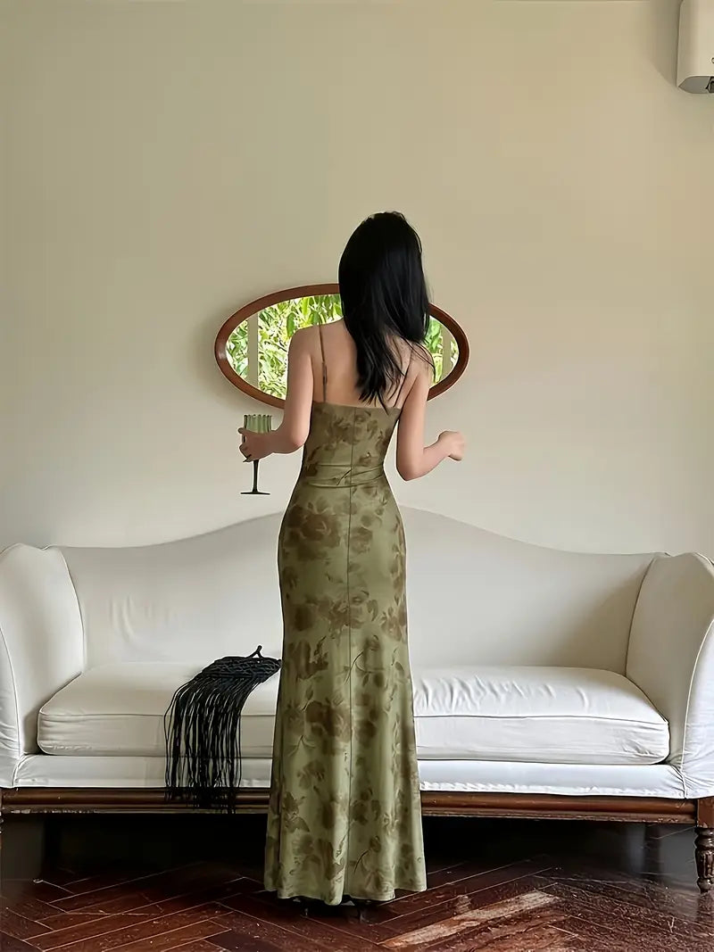 Vestido Floral Verde de Hombro Descubierto con Tirantes Ajustables