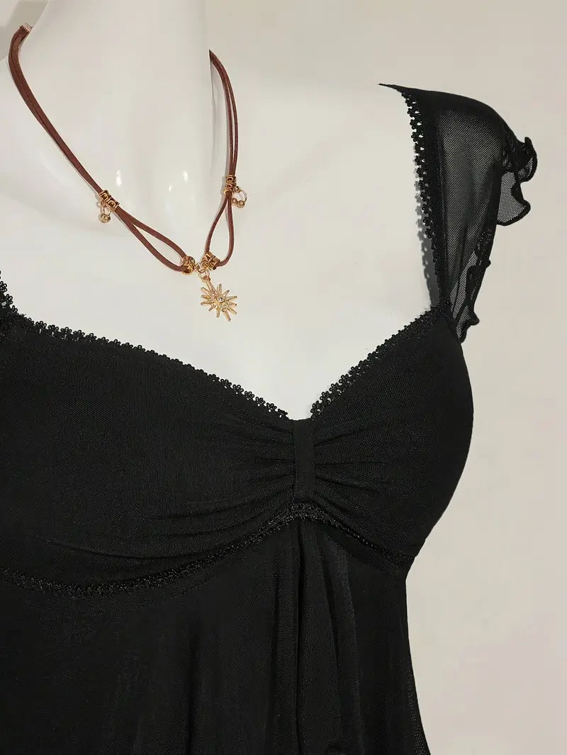 Top de Tirantes con Plisados y Paneles Transparentes – Estilo Y2K para Mujer