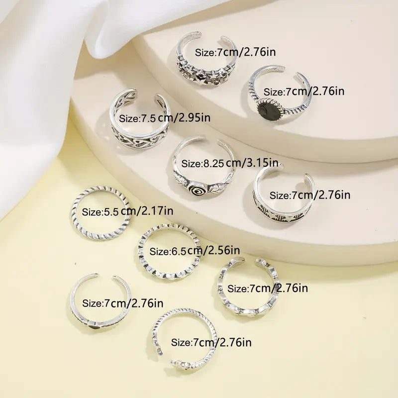 Juego de 10 Anillos Vintage con Corazón y Pentagrama – Estilo Geométrico Desgastado 2025