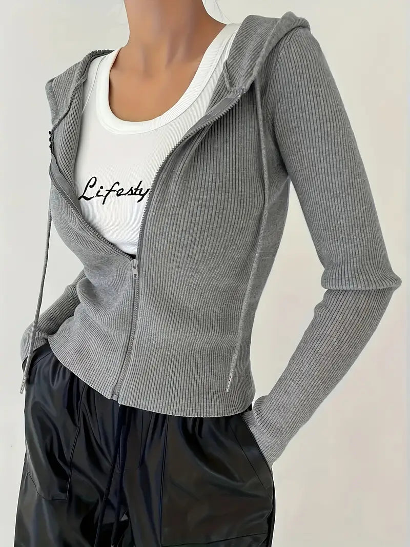 Chaqueta Elegante con Capucha para Mujer — Abrigo Largo con Cremallera Completa en Gris Sólido