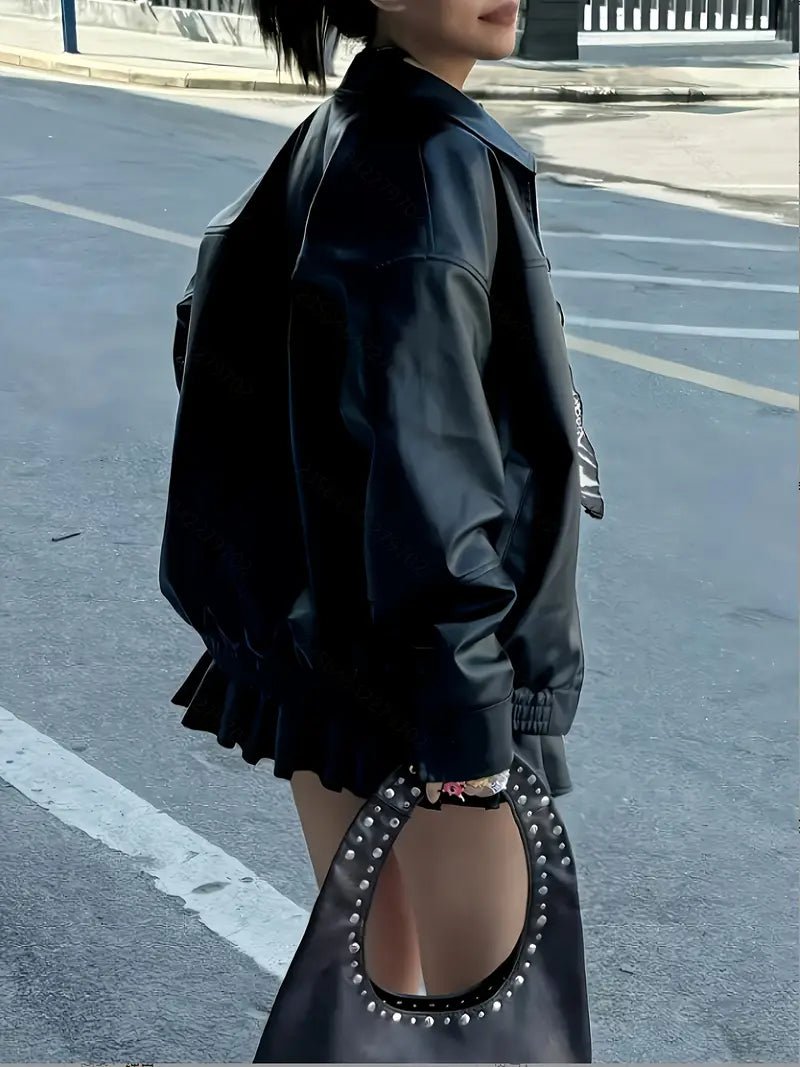 Chaqueta Biker Negra para Mujer – Estilo Moto con Cremallera y Corte Holgado - BAKONE