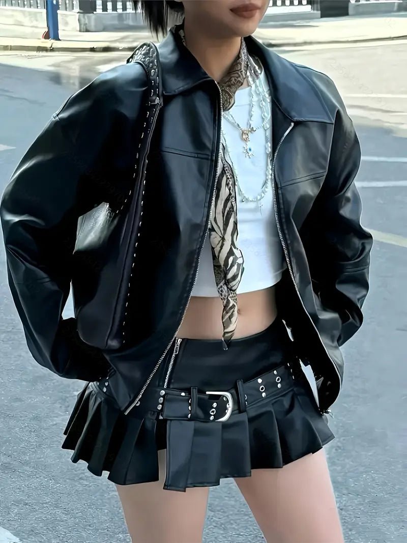 Chaqueta Biker Negra para Mujer – Estilo Moto con Cremallera y Corte Holgado - BAKONE