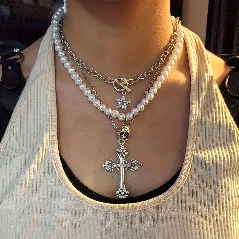 Conjunto de 3 Collares con Colgante de Cruz y Estrella – Estilo Punk Gótico Vintage - BAKONE