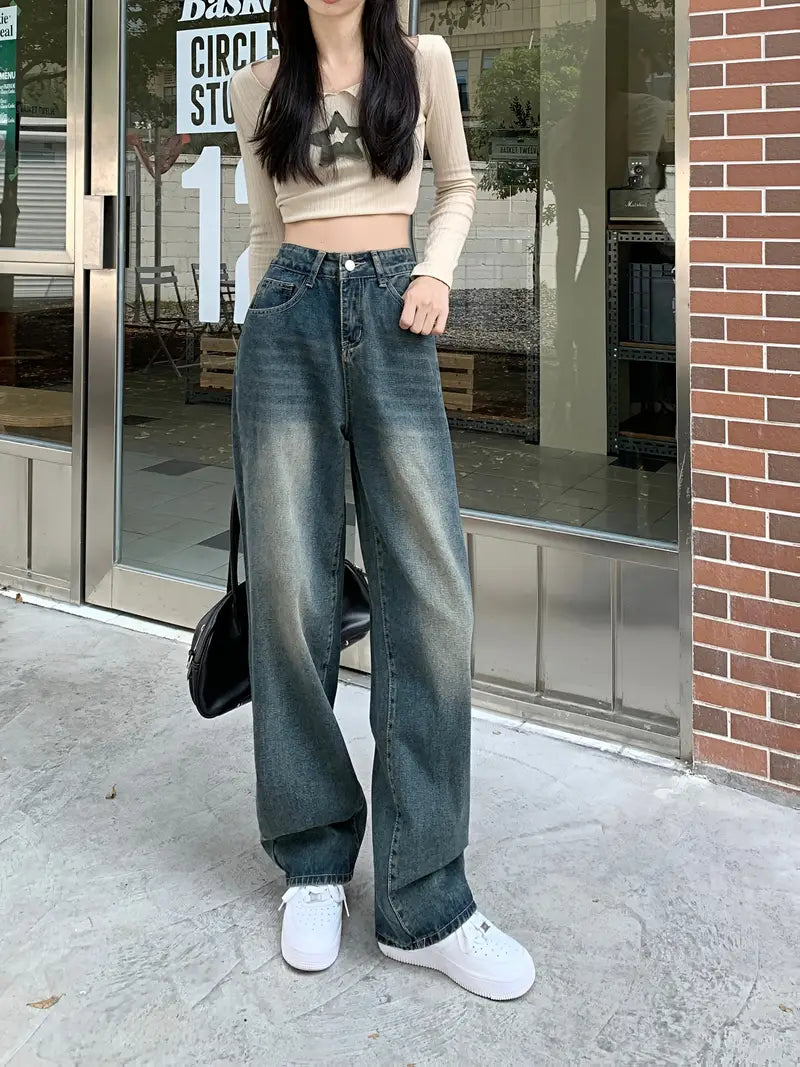 Pantalones Vaqueros Vintage de Pierna Ancha y Largo Hasta el Suelo – Cintura Alta, Corte Recto, Estilo Casual o de Oficina