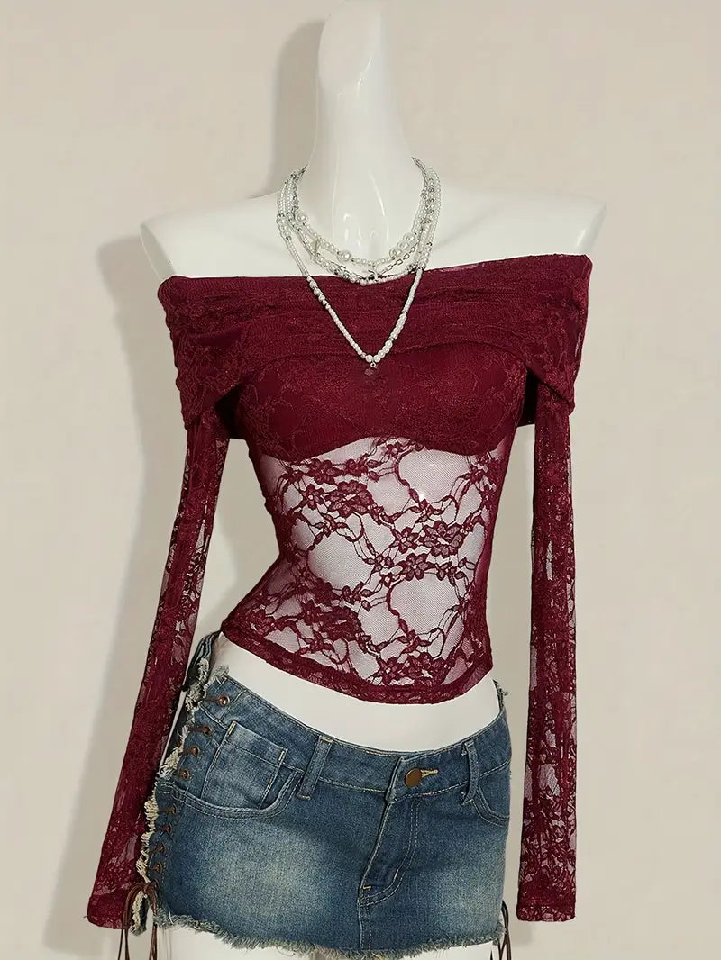 Top Sexy de Encaje con Hombros Descubiertos para Mujer