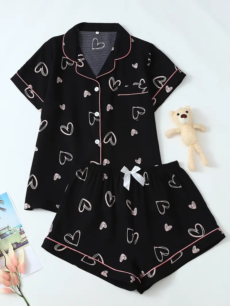 Conjunto Casual de Pijama con Estampado de Corazones Negros – Top sin Mangas y Pantalones Cortos para Mujer