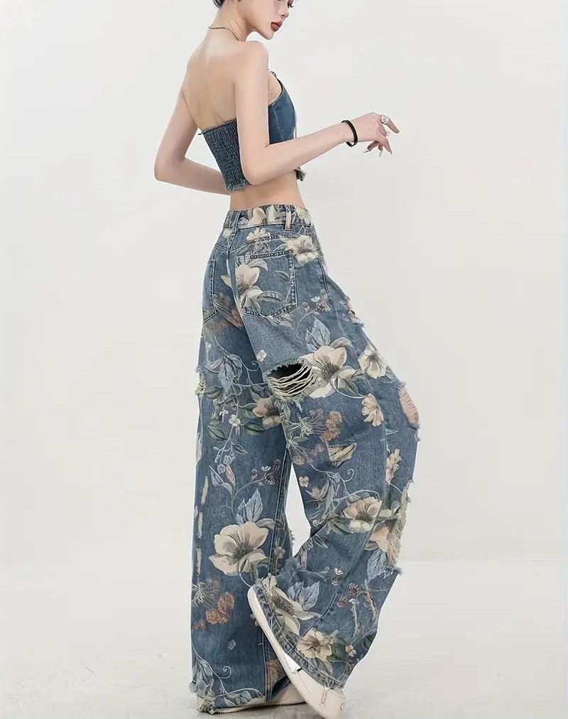 Vaqueros de Pierna Ancha con Estampado Floral Vintage para Mujer - BAKONE