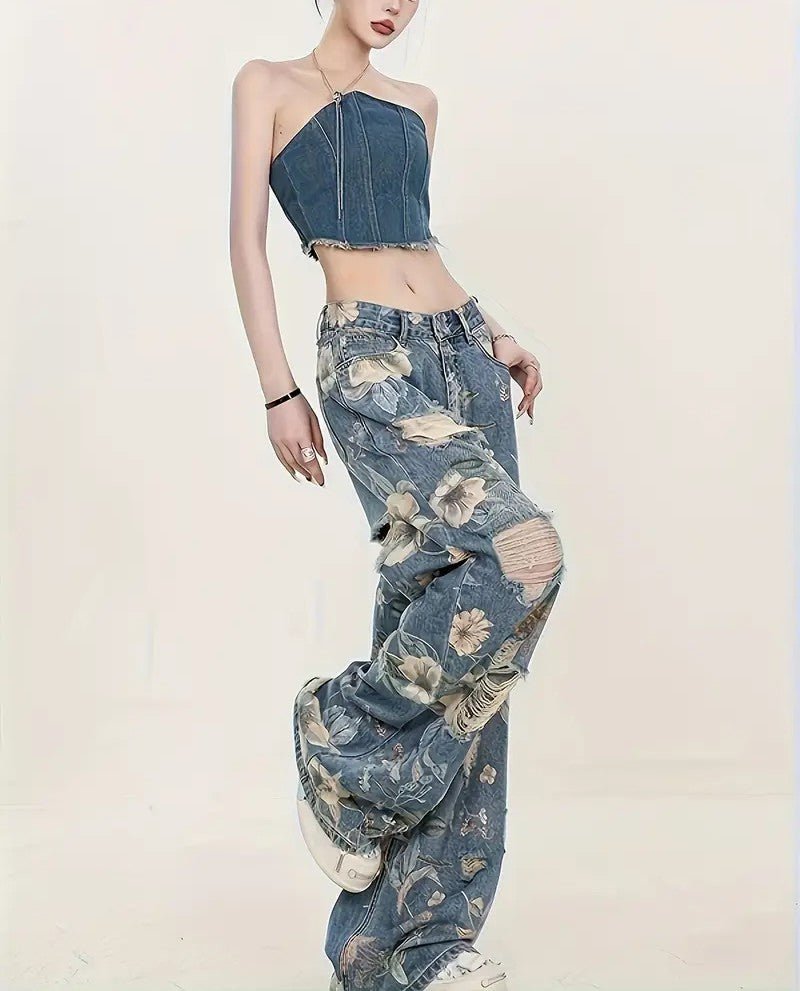 Vaqueros de Pierna Ancha con Estampado Floral Vintage para Mujer - BAKONE