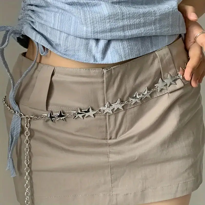 Cinturón Metálico Plateado con Estrellas – Cadena Decorativa de Cintura Estilo Y2K