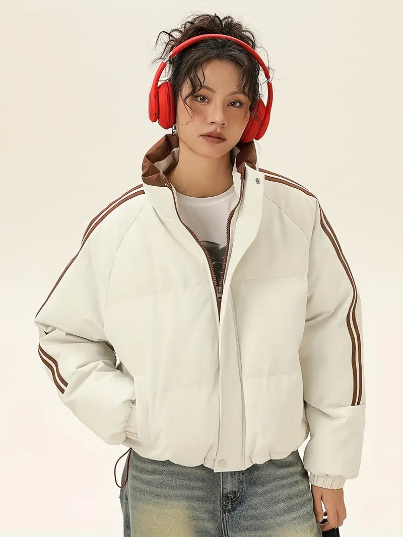 Chaqueta Térmica de Invierno Azul y Blanca para Mujer – Corte H y Forro Marrón