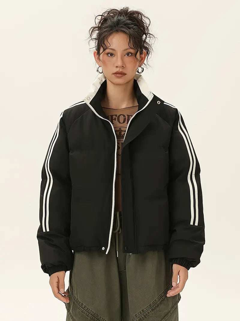 Chaqueta Térmica de Invierno Azul y Blanca para Mujer – Corte H y Forro Marrón