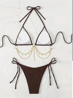 Bikini Sexy de Dos Piezas con Cadena Dorada – Estilo Halter y Corte Moderno