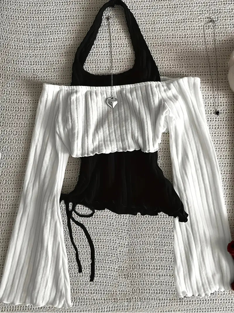 Blusa Bicolor con Volantes y Puños Abullonados – Estilo Y2K Romántico y Sofisticado