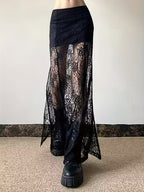 Falda Larga Semitransparente con Encaje – Cintura Alta y Corte Elegante para Mujer