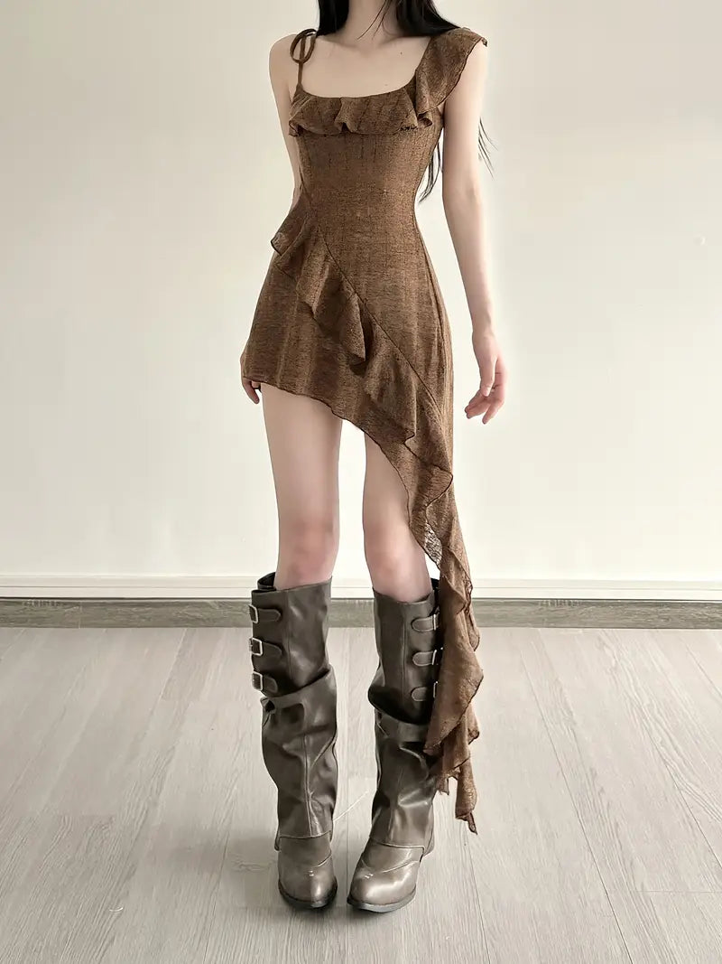 Vestido Bohemio Asimétrico con Cuello Cuadrado y Volantes