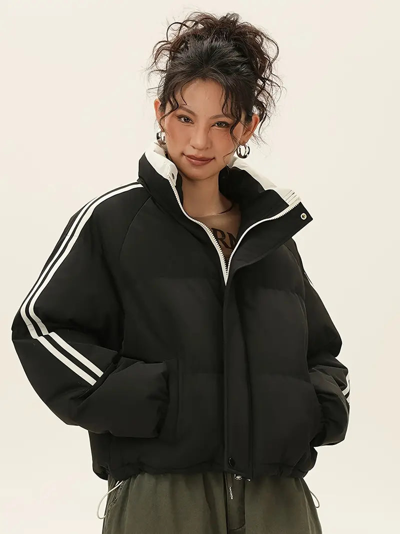 Chaqueta Térmica de Invierno Azul y Blanca para Mujer – Corte H y Forro Marrón