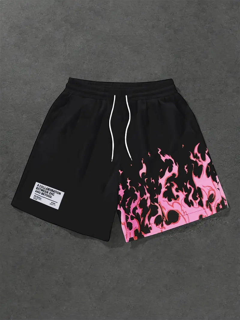 Shorts Flame Street – Pantalones Cortos Estilizados con Llamas Negras y Rosas