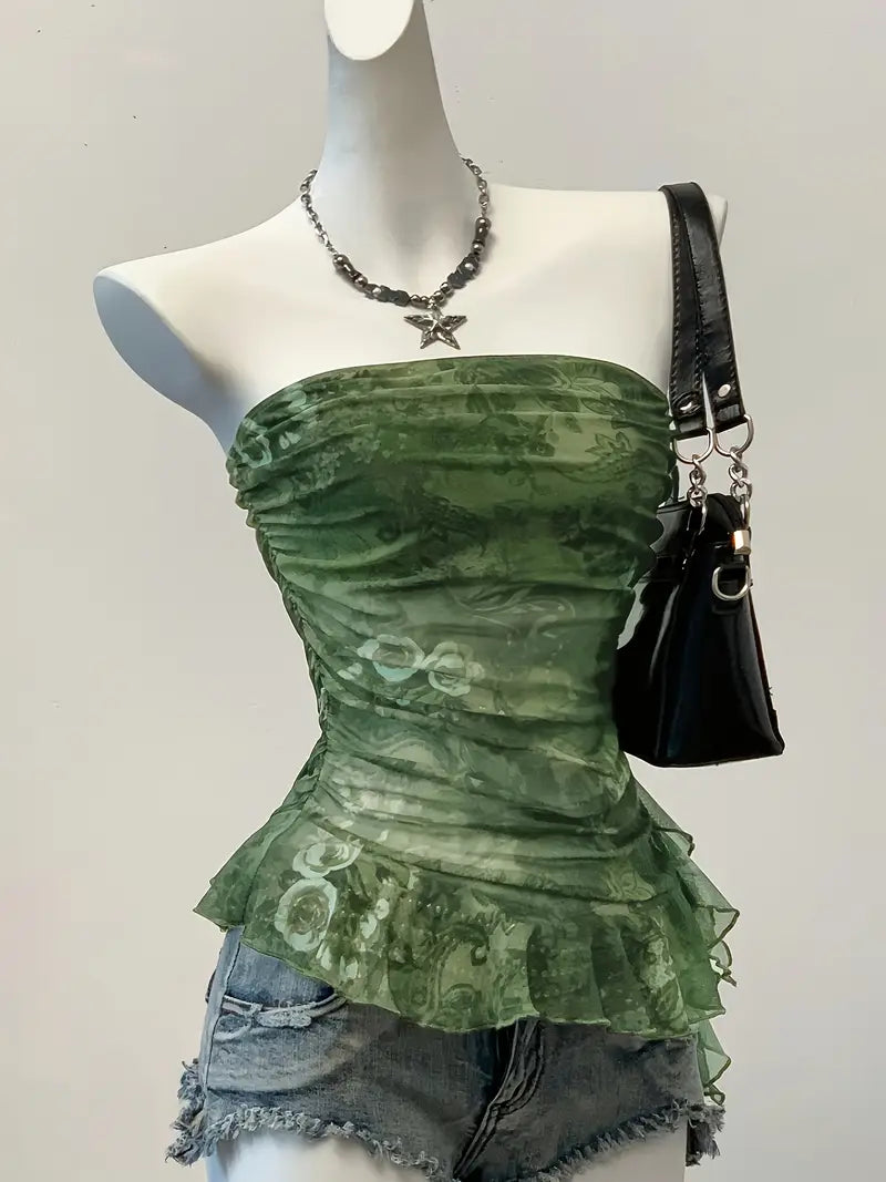 Top de Hombros Descubiertos con Estampado Tropical – Estilo Sexy y Ligero para Mujer