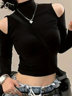 Top Corto de Hombros Fríos con Cuello Alto Estilo Y2K — Moda Casual y Versátil para Todas las Estaciones