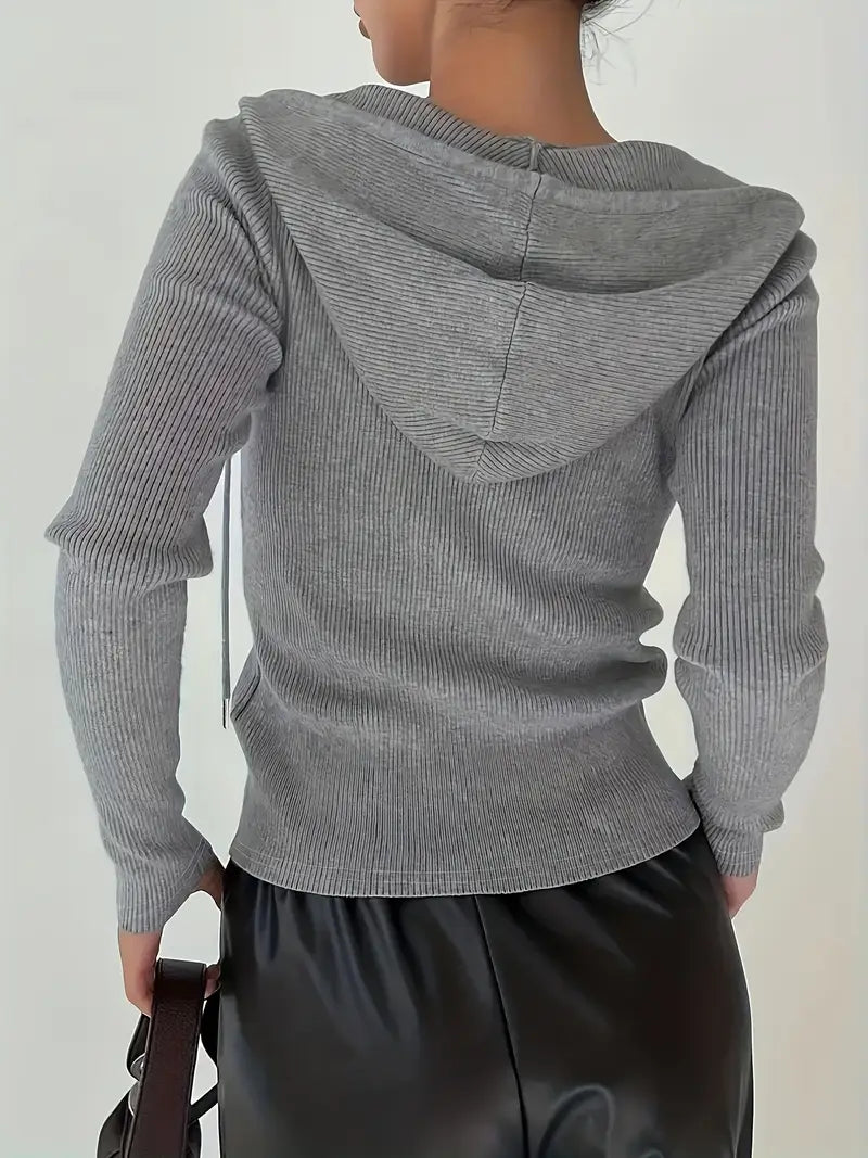 Chaqueta Elegante con Capucha para Mujer — Abrigo Largo con Cremallera Completa en Gris Sólido