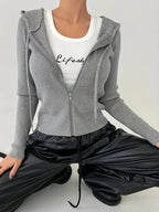 Chaqueta Elegante con Capucha para Mujer — Abrigo Largo con Cremallera Completa en Gris Sólido