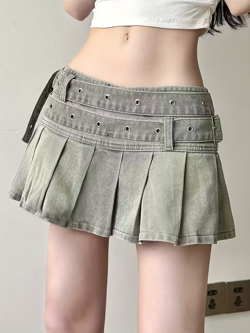 Falda Vaquera Plisada con Cinturón Ajustable – Estilo Vintage Urbano