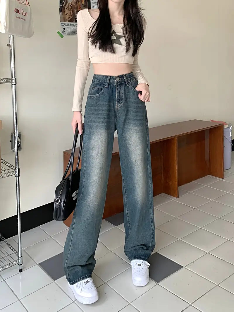 Pantalones Vaqueros Vintage de Pierna Ancha y Largo Hasta el Suelo – Cintura Alta, Corte Recto, Estilo Casual o de Oficina