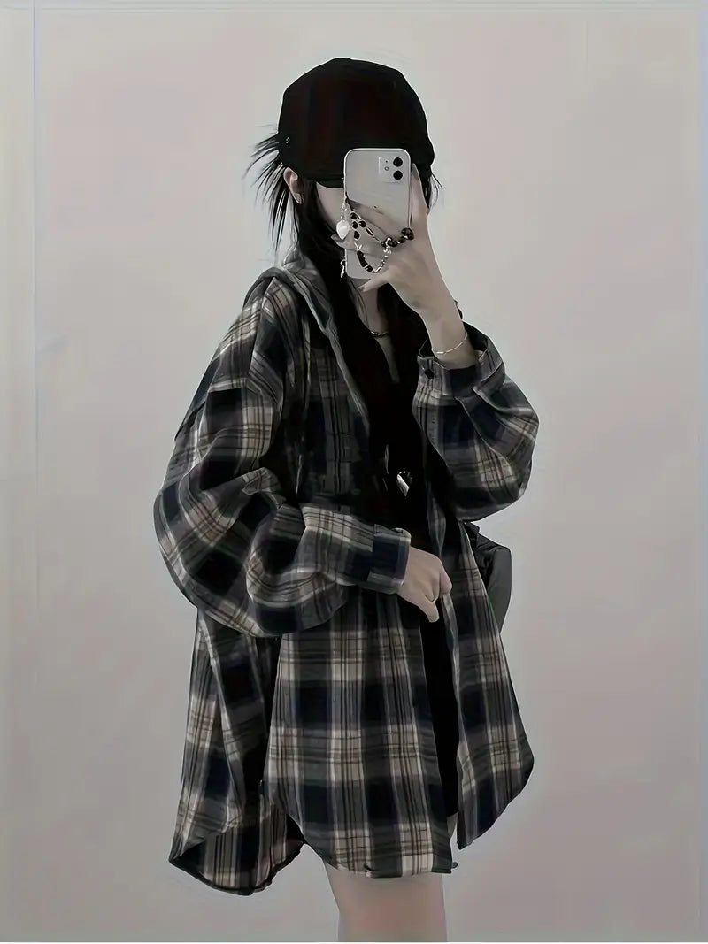 Blusa Coreana de Moda para Mujer – Camisa a Cuadros Blanco y Negro, Manga Larga con Botones, Estilo Chic y Versátil
