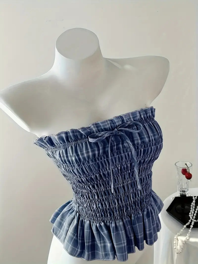 Camiseta Corta Elegante con Volantes y Lazo – Azul Marino