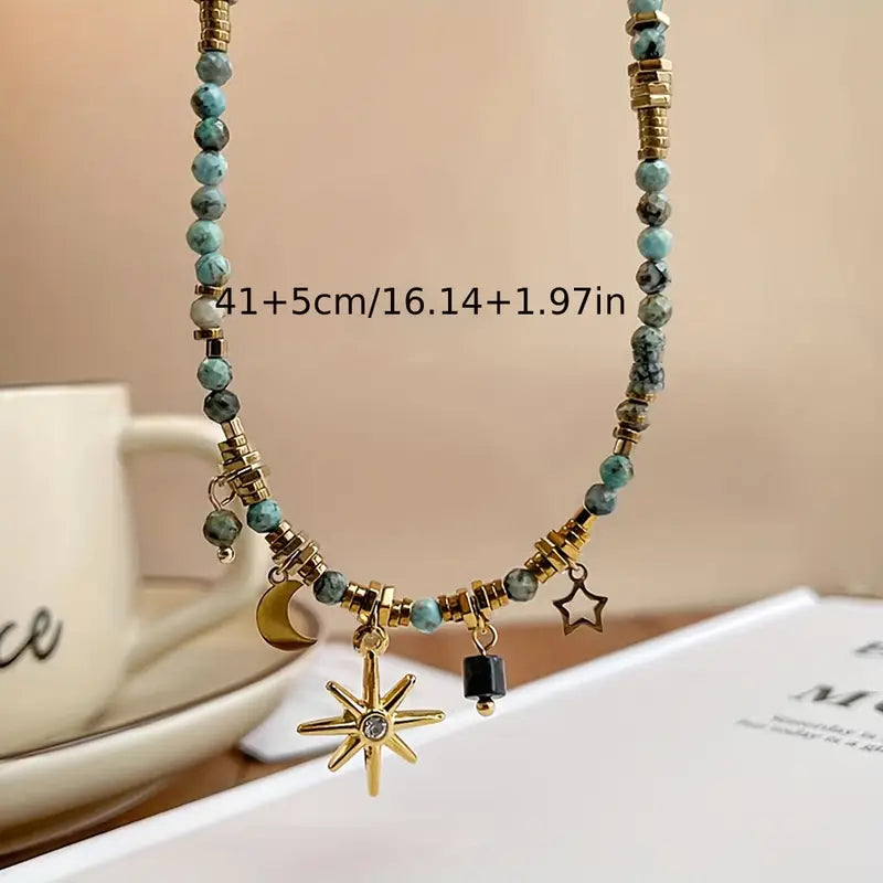Collar Elegante de Cuentas Naturales con Colgante de Estrella – Estilo Vintage y Toque Bohemio