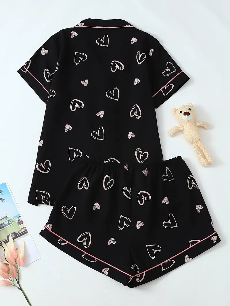 Conjunto Casual de Pijama con Estampado de Corazones Negros – Top sin Mangas y Pantalones Cortos para Mujer