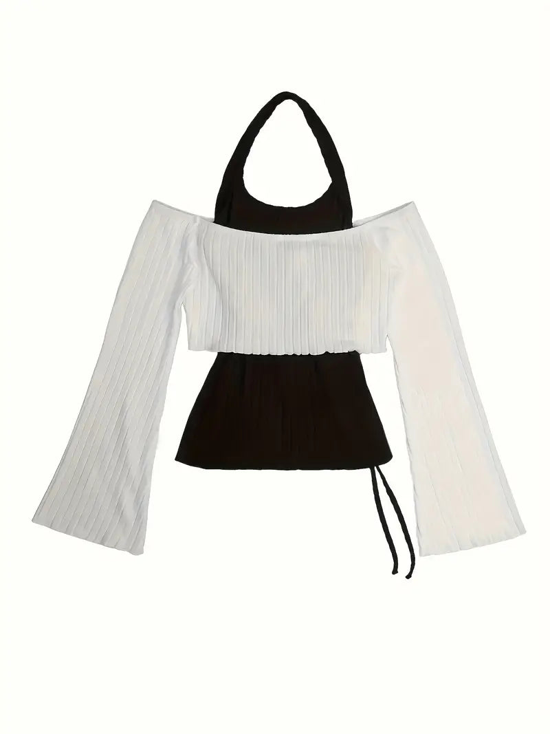 Blusa Bicolor con Volantes y Puños Abullonados – Estilo Y2K Romántico y Sofisticado