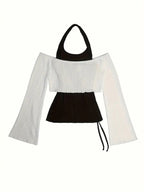 Blusa Bicolor con Volantes y Puños Abullonados – Estilo Y2K Romántico y Sofisticado