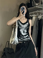 Top Sin Mangas de Estampado Geométrico Retro Y2K para Mujer