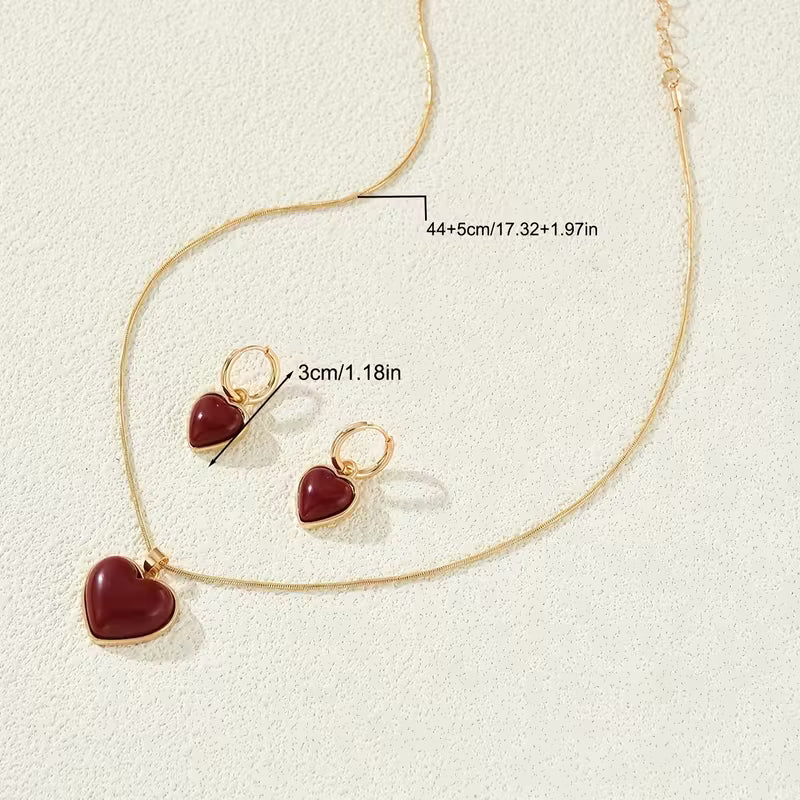 Set de Joyería de 3 Piezas con Colgante de Corazón Rojo – Collar y Aretes Elegantes para Mujer