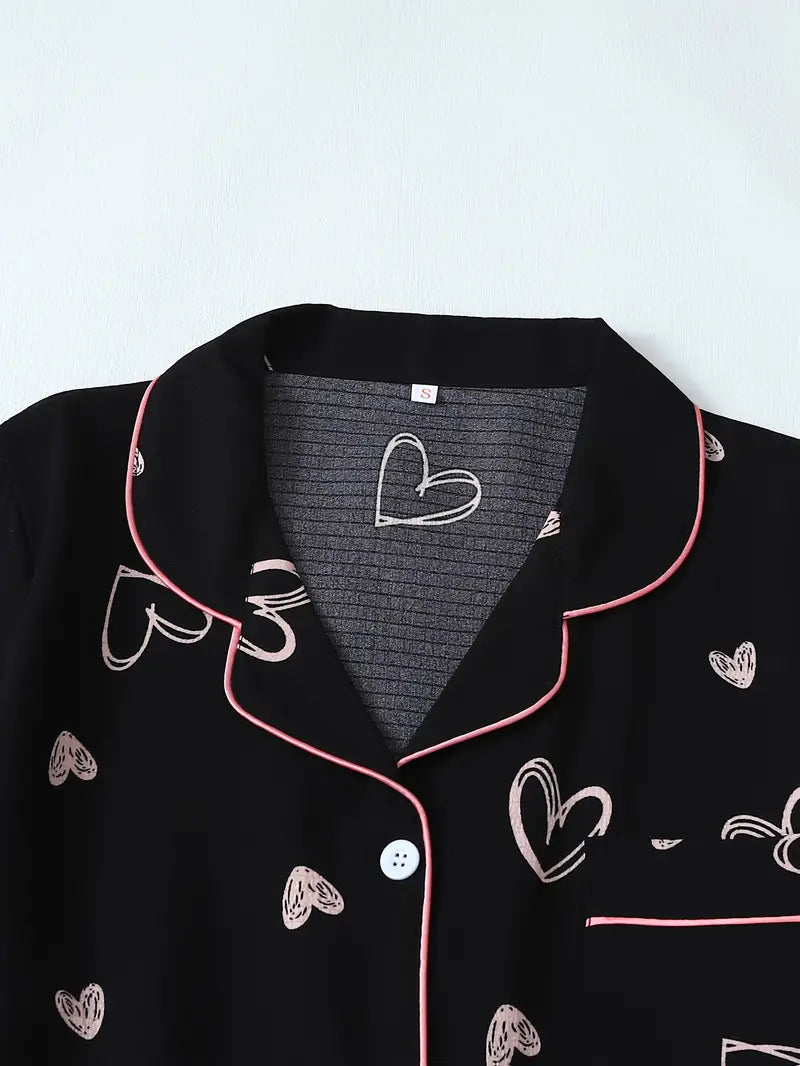 Conjunto Casual de Pijama con Estampado de Corazones Negros – Top sin Mangas y Pantalones Cortos para Mujer